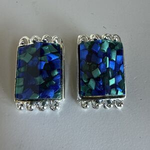 1950s Blue & Green Confetti Lucite Clip-On Earrings | Signed PAM